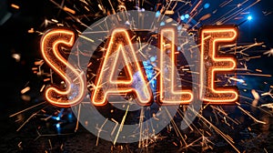 Vibrant neon sale sign amid explosive sky juxtaposition of calm commerce and chaotic destruction photo