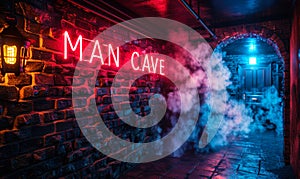 Vibrant neon sign spelling MAN CAVE on a brick wall backdrop enveloped in a mystical blue and red smoke, symbolizing a