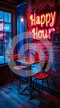 Vibrant neon sign with the words Happy Hour and colorful symbols, lighting up a brick wall, inviting to discounted leisure