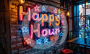 Vibrant neon sign with the words Happy Hour and colorful symbols, lighting up a brick wall, inviting to discounted leisure
