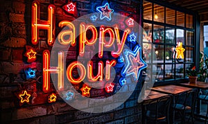 Vibrant neon sign with the words Happy Hour and colorful symbols, lighting up a brick wall, inviting to discounted leisure