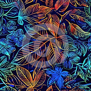 Vibrant Neon Tropical Foliage Pattern on Dark Background
