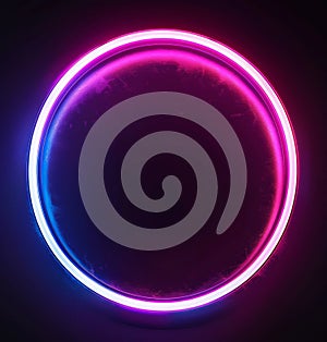 A vibrant neon tube forms a circular shape with glowing blue and pink hues on a dark gradient background, creating a
