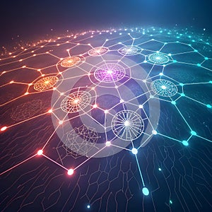 Vibrant Network Connection Neon Colored Cybernetic System Artificial Intelligence Visualization