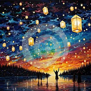 Vibrant New Year's Eve Party with Lanterns Against Starry Night Sky