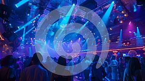 Vibrant nightclub scene with dancing crowd under blue neon lights. Energetic party atmosphere captured in nightclub