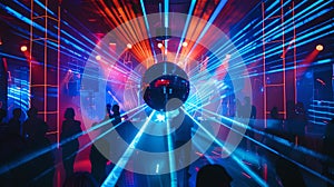 Vibrant Nightclub Scene with Glowing Disco Ball, Lights, and Dance Atmosphere. Perfect for Party Flyers. AI