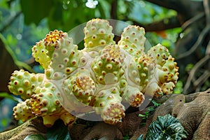 Vibrant Noni Fruit Cluster on Tree Branch in Tropical Environment, Exotic Morinda Citrifolia