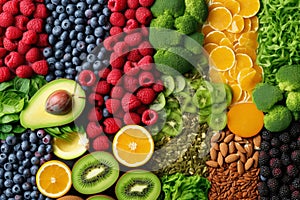 Vibrant and nutritious, balanced diet food background with organic superfoods