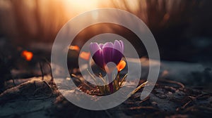 Vibrant Oasis: Crocus Flower At Sunrise In The Style Of Michal Karcz And Felicia Simion