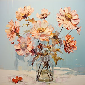 Vibrant Oil Painted Flowers In Glass Vase: Detailed Illustrations In Light Orange And Cyan