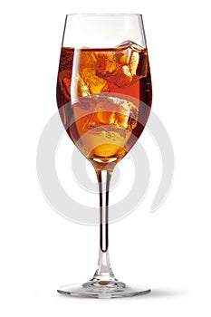 A vibrant orange Aperol Spritz with ice cubes served in a tall wine glass. Alcoholic cocktail. Isolated