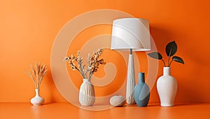Modern Home Decor with Vases and Lamp on Vibrant Orange Background