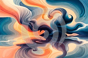 Vibrant orange, black and blue waves of fluid ink art. ai generated