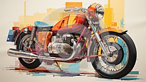 Vibrant orange and blue digital motorcycle artwork with a sleek design and off-road capabilities
