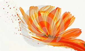 A vibrant orange brush stroke forming a chamomile petal. Chamomile flower painted on white background