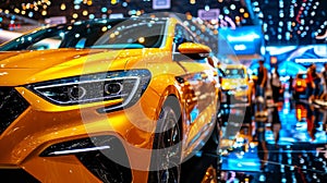 Vibrant orange car showcased at a night auto show with blurred city lights