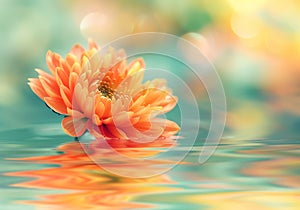 Vibrant orange chrysanthemum floating in the water, reflecting the colors of its petals in the clear, sparkling waters