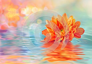 Vibrant orange chrysanthemum floating in the water, reflecting the colors of its petals in the clear, sparkling waters
