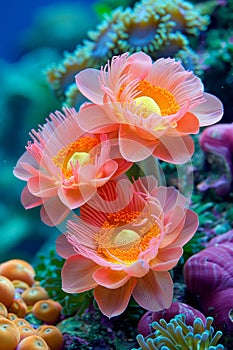 Vibrant Orange Cup Corals Flourishing on a Colorful Tropical Reef, Underwater Marine Ecosystem Diversity
