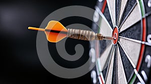 Dart hits the bullseye during a game in a dimly lit room photo