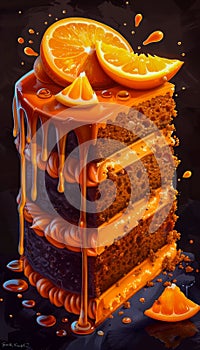 Vibrant Orange Drizzle Cake Slice with Juicy Fruit Toppings on Dark Background