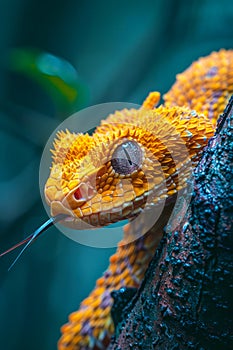 Vibrant Orange Eyelash Viper on Tree Branch with Textured Scales and Intense Gaze in Vivid Wildlife Photography