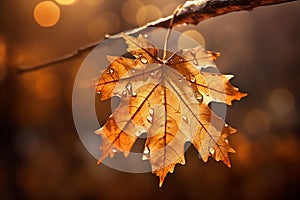 Vibrant orange fall leaf with glistening water droplets on a bokeh background, AI-generated.