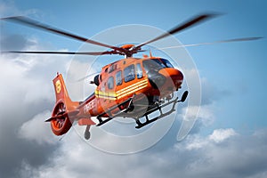 Vibrant orange fire helicopter soars through the sky on mission