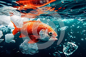 Vibrant Orange Fish Swimming Elegantly in Crystal Clear Underwater Environment with Ice Chunks