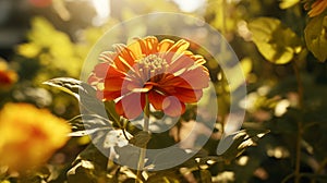 Vibrant Orange Flower In Garden: Lens Flare, Vray Tracing, Realistic Still Life