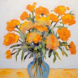 Vibrant Orange Flowers In Blue Vase: Large-scale Impressionism Painting