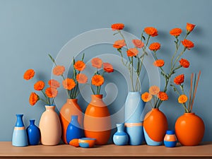 Vibrant orange flowers carefully arranged in exquisite vases create a captivating display that catches the eye.