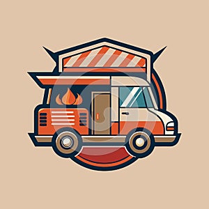 A vibrant orange food truck with a red awning parked on the street, A sophisticated and elegant logo featuring a minimalist