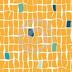 Vibrant orange hand drawn doodle line grid with scattered blue blocks Seamless geometric vector pattern. Summer vibe