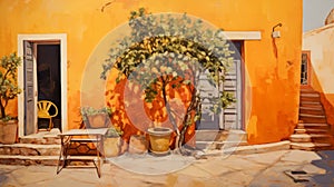 Vibrant Orange House Painting With Potted Tree - Classic Still Life Composition