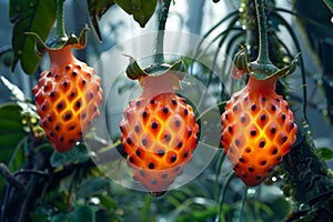 Vibrant Orange Hued Lantern Fruit Hanging on Lush Plant in Tropical Greenhouse Environment