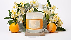 A vibrant orange, its citrusy zest accentuated by delicate orange blossoms and leaves