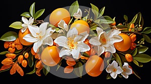 A vibrant orange, its citrusy zest accentuated by delicate orange blossoms and leaves
