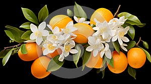 A vibrant orange, its citrusy zest accentuated by delicate orange blossoms and leaves