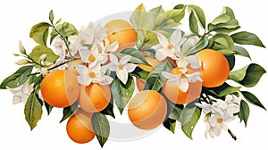 A vibrant orange, its citrusy zest accentuated by delicate orange blossoms and leaves