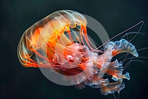 Vibrant Orange Jellyfish Gliding Gracefully in the Dark Ocean Depths, Marine Life Beauty