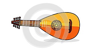 Vibrant orange mandolin musical instrument isolated on white background with detailed neck and strings