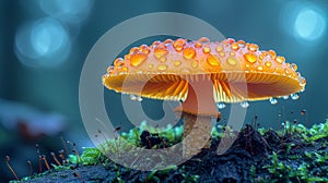 Vibrant orange mushroom with dew drops in a mystical forest