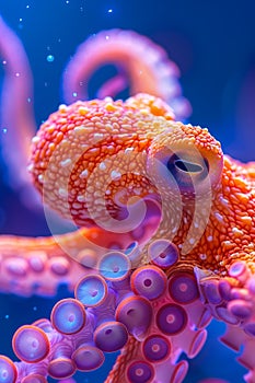 Vibrant Orange Octopus with Suckers Swimming in Deep Blue Water Undersea Wildlife Scene