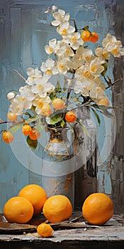 Vibrant Orange Orchids In Antique Metallic Vases On Rustic Wooden Bench