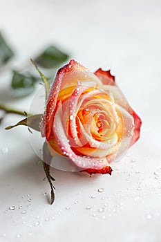 Vibrant orange and pink rose, wet with morning dew on white