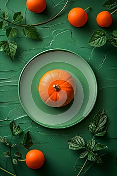 Vibrant Orange Pumpkin on a Green Plate with Vine Leaves on a Textured Green Surface, Capturing the Essence of Autumn and Harvest