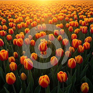 Vibrant Orange And Red Tulips Field At Sunset