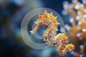 Vibrant orange seahorse in blue ocean waters. Generative AI